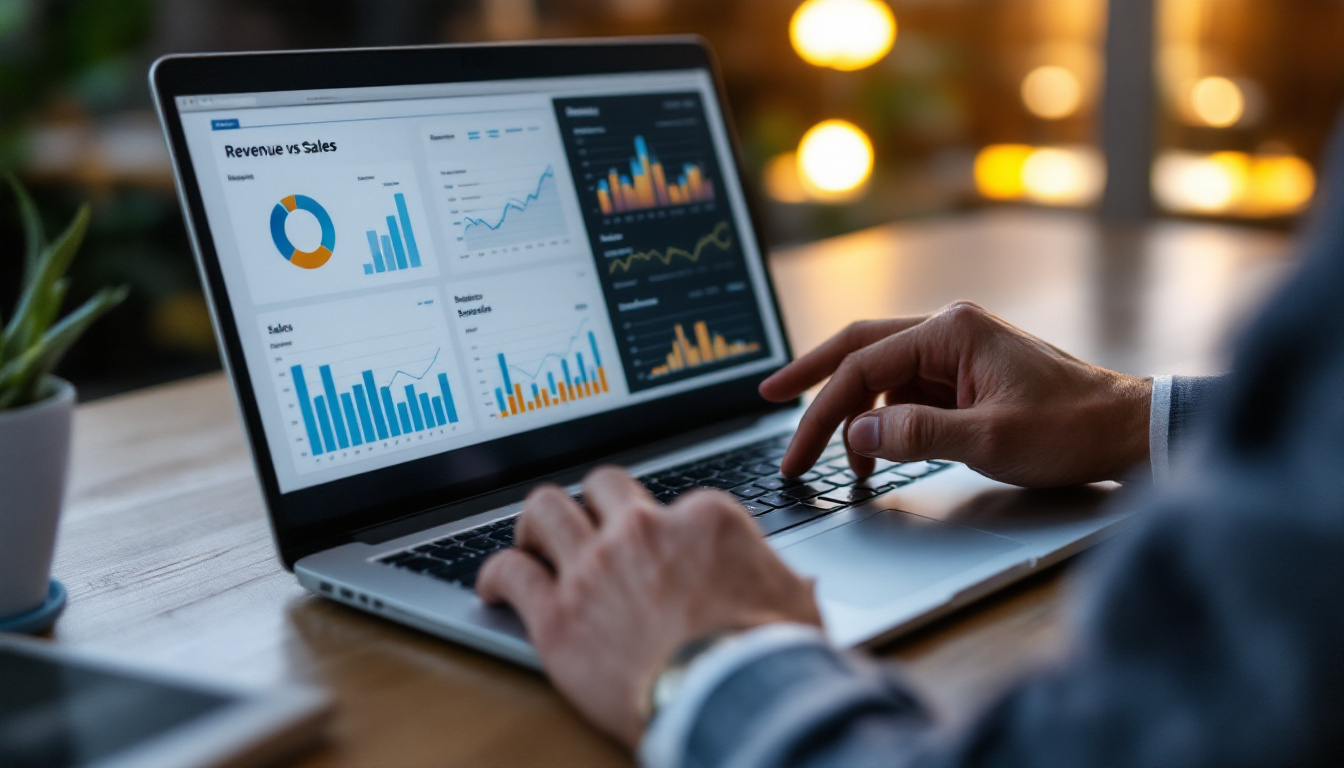 revenue vs sales man typing on computer with charts